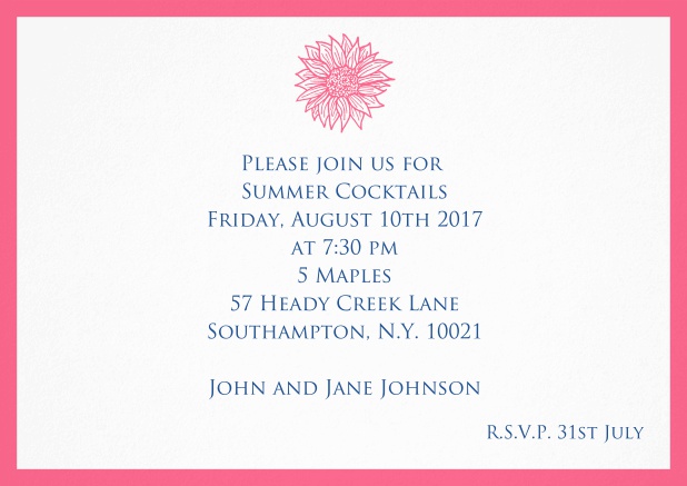 Invitation card with beautiful flower and matching colorful frame. Pink.