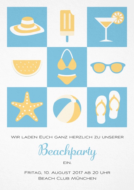 Pool Party Einladungskarte mit Abbildungen von Cocktails, Bikini, Flip Flops, Ball etc.