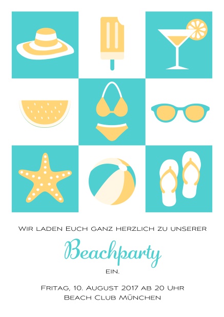 Online Pool Party Einladungskarte mit Abbildungen von Cocktails, Bikini, Flip Flops, Ball etc. Grün.