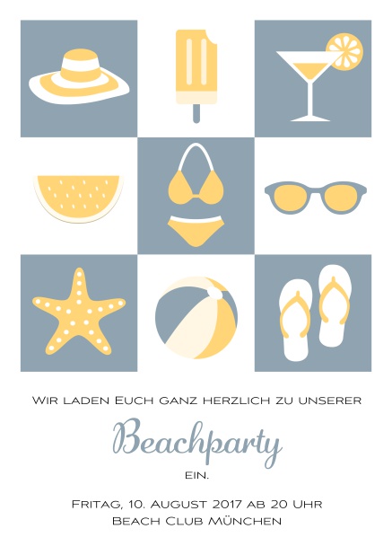Online Pool Party Einladungskarte mit Abbildungen von Cocktails, Bikini, Flip Flops, Ball etc. Grau.