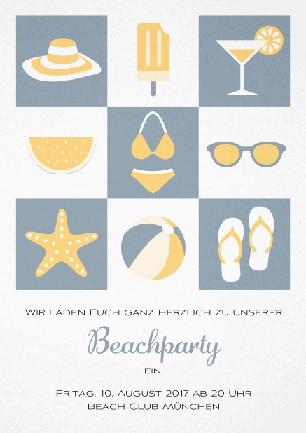 Pool Party Einladungskarte mit Abbildungen von Cocktails, Bikini, Flip Flops, Ball etc. Grau.