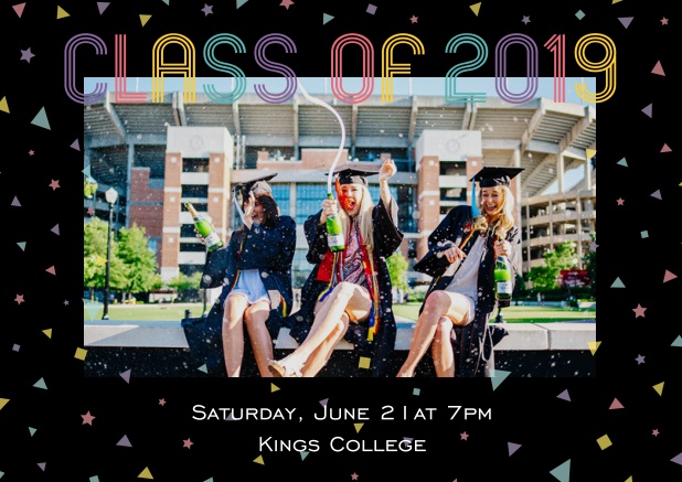 Class of 2019 graduation online invitation card with photo and colorful text.