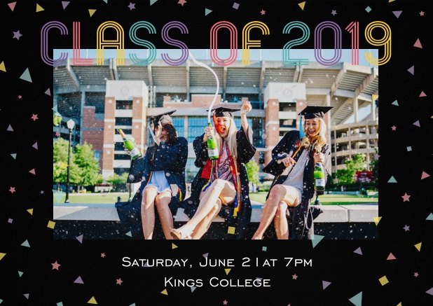 Class of 2019 graduation invitation card with photo and colorful text. Black.