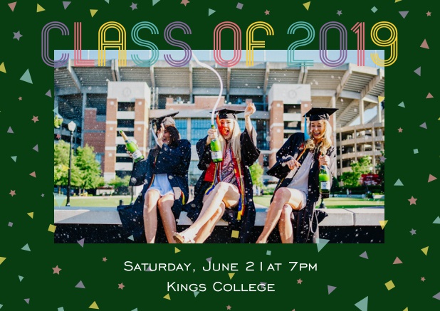 Class of 2019 graduation online invitation card with photo and colorful text. Green.