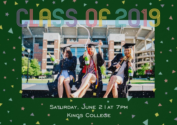 Class of 2019 graduation invitation card with photo and colorful text. Green.