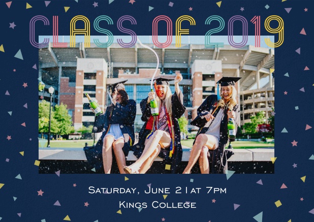 Class of 2019 graduation invitation card with photo and colorful text. Navy.