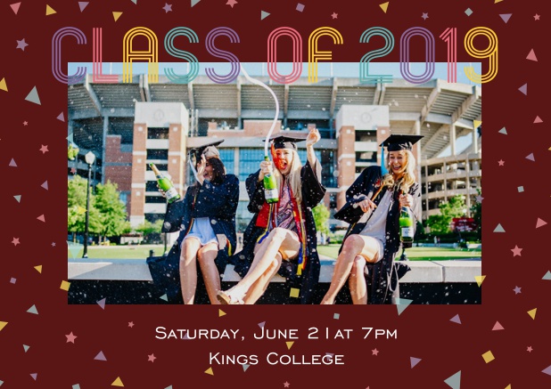 Class of 2019 graduation online invitation card with photo and colorful text. Red.
