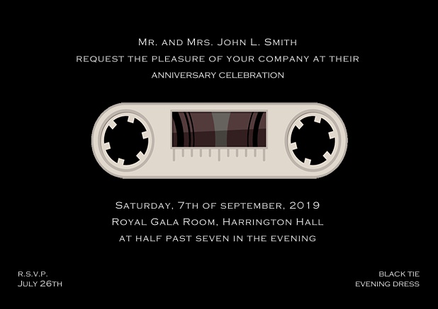 Online invitation card designed as a cassette in color of choice. Black.