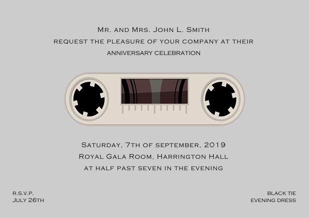 Online invitation card designed as a cassette in color of choice. Grey.