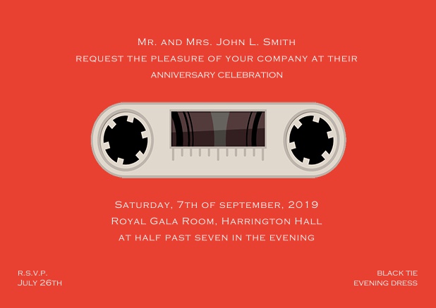 Online invitation card designed as a cassette in color of choice. Red.