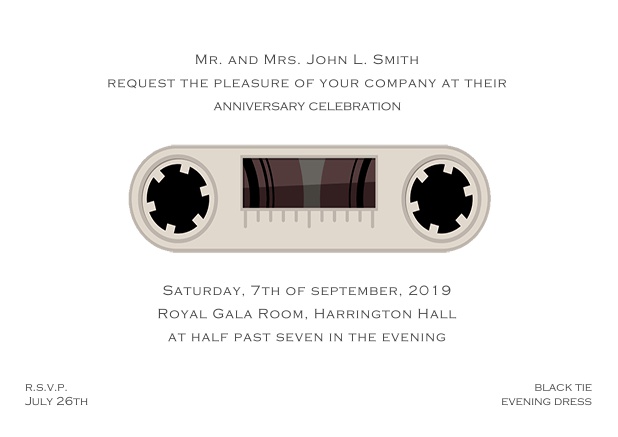 Online invitation card designed as a cassette in color of choice. White.