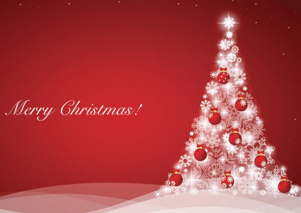 Einladungskarte zur Weihnachtsfeier mit schönen weißem Weihnachtsbaum mit roten Kugeln.
