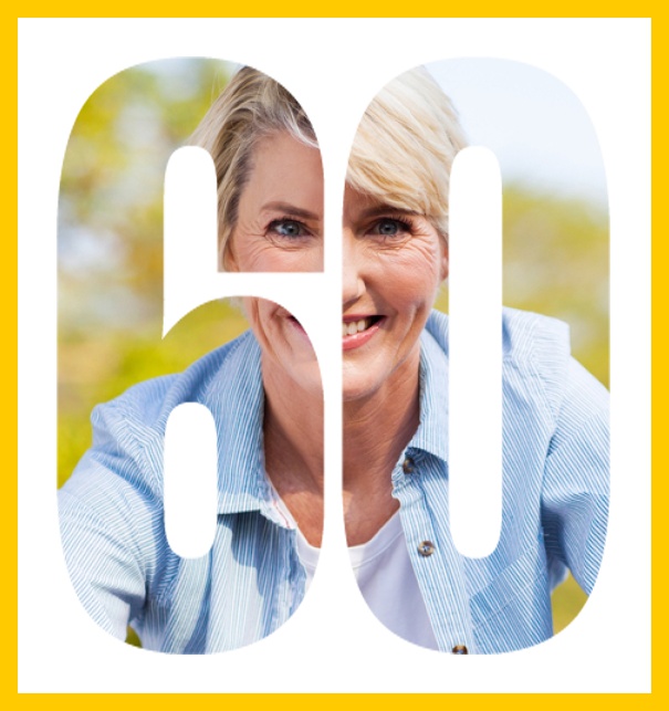 Online Einladungskarte zum 60. Geburtstag mit grosser ausgeschnittenen Zahl 60 für ein eigenes Foto. Gelb.