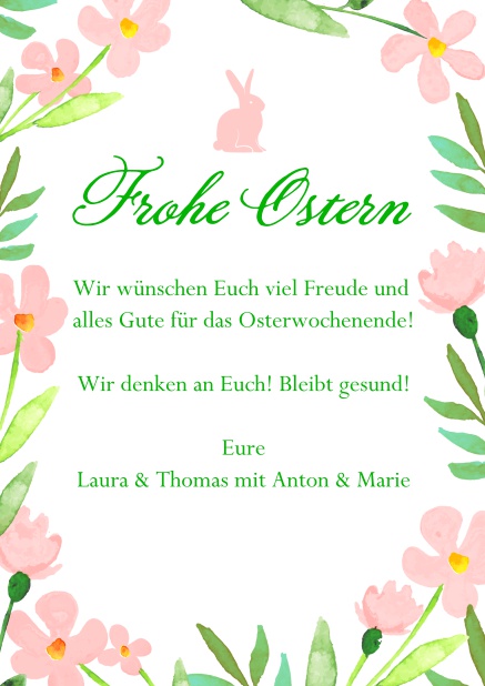Virtuelle Osterwünsche online versenden mit Osterkarte mit Osterhase und Osterblumen Rosa.