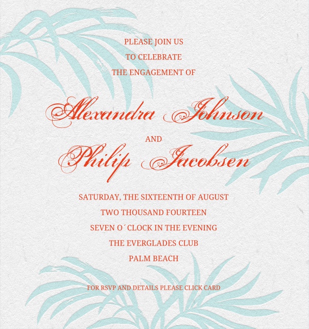 Online Wedding Invitation with palm background and red text.