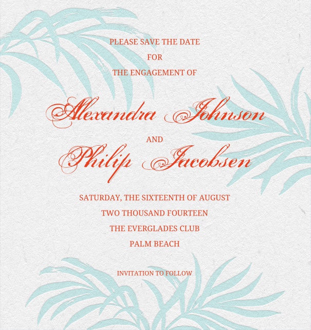 Summer-like Save the Date Card with grey background and light blue plants.