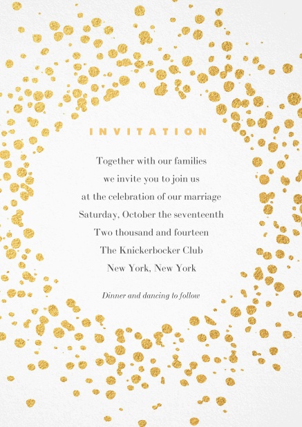 Cocktail- oder Geburtseinladungskarte mit goldenen Punkten.