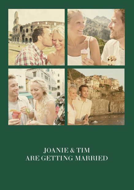 Online Hochzeitseinladungskarte mit neun Fotofeldern und Text auf der ersten von vier gestalteten Seiten. Grün.