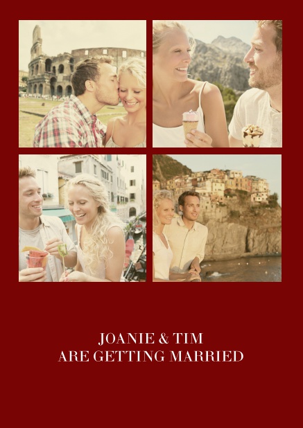 Online Hochzeitseinladungskarte mit neun Fotofeldern und Text auf der ersten von vier gestalteten Seiten. Rot.