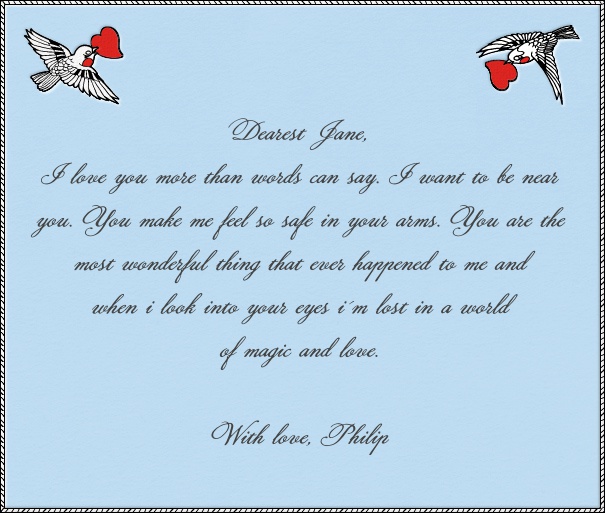 Online Liebesbrief mit zwei Tauben, die ein Herz im Schnabel tragen.