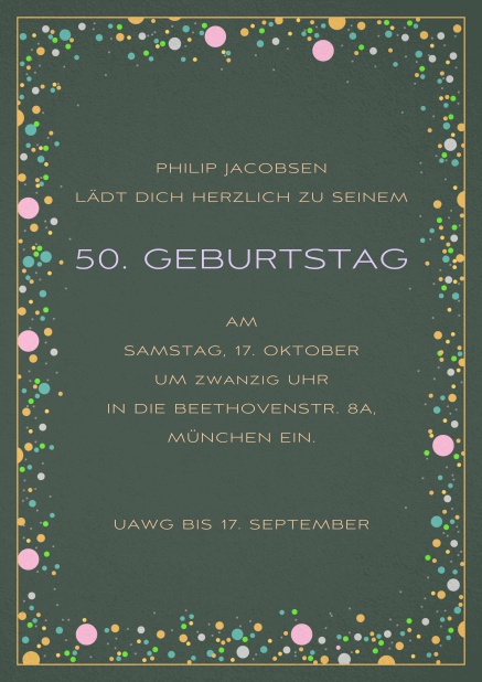 Einladungskarte zum 50. Geburtstag mit bunten bällchen auf Papierfarbe Ihrer Wahl. Grün.