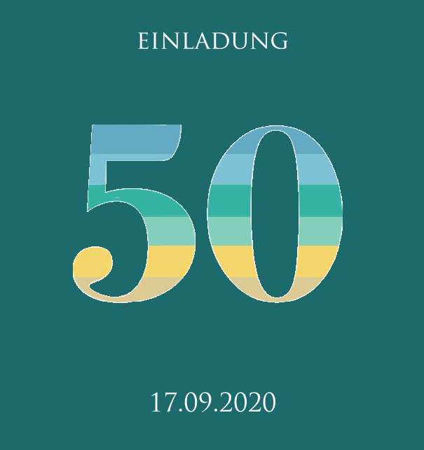 Einladungskarte zum 50. Jahrestag mit animierter Zahl 50 in verschiedenen Grün-, Blau- und Gelbtönen. Grün.