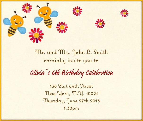 Beige Kinder online Einladungskarte in mit bunten Bienen und Blumen.