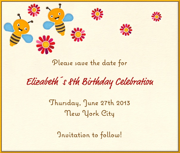 Beige Kids' Birthday Party Save the Date Design with Bees and flowers.