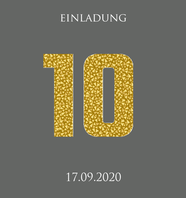 Animierte Einladungskarte zum 10. Jahrestag mit animierter 10 aus goldenen Mosaiksteinen. Grau.