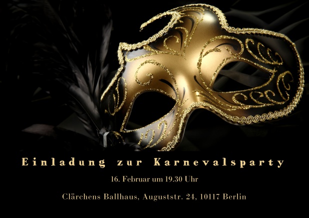 Online Faschingseinladungskarte mit goldener Maske und Textfeld Schwarz.