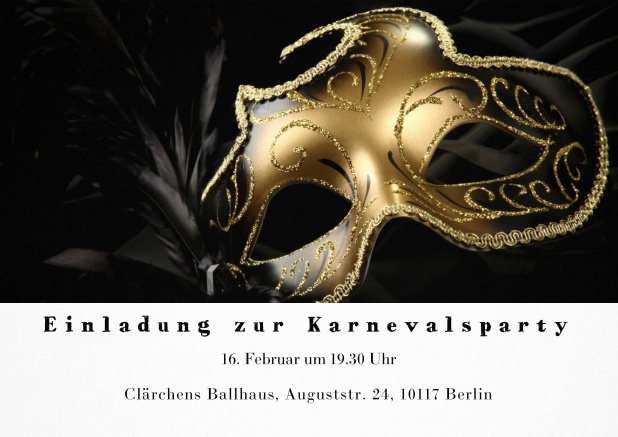 Faschingseinladungskarte mit goldener Maske und Textfeld