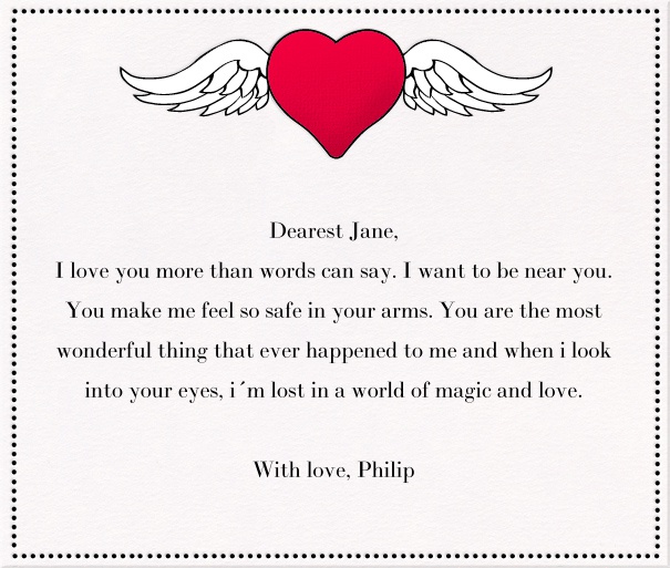 Online White Love Letter Note Card with Red Heart with Wings.