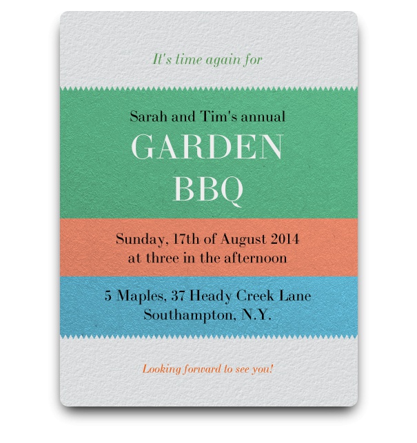 Simple modern invitation card to garden bbq with colourful stripes for event details.
