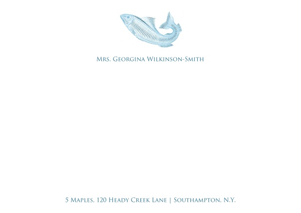 White online correspondence card with blue fish and text.