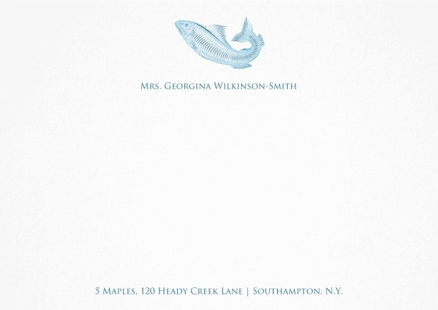White correspondence card with blue fish and text.