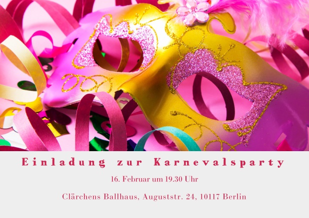 Online Faschingseinladungskarte mit bunter Maske und Karnevalsdekoration Grau.