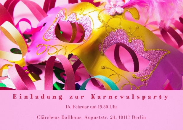 Faschingseinladungskarte mit bunter Maske und Karnevalsdekoration Rosa.