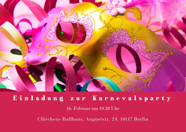 Online Faschingseinladungskarte mit bunter Maske und Karnevalsdekoration Rot.