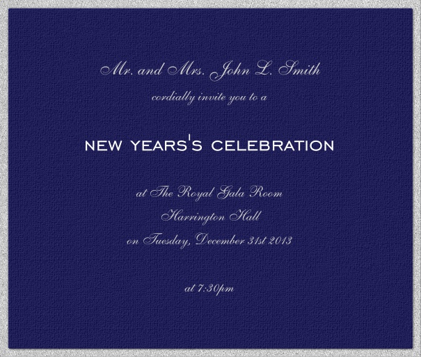 Dunkelblaue Feste Einladungskarte in Quadratformat mit silbernen glänzedem Rand. Inklusive passender Text in weiss.
