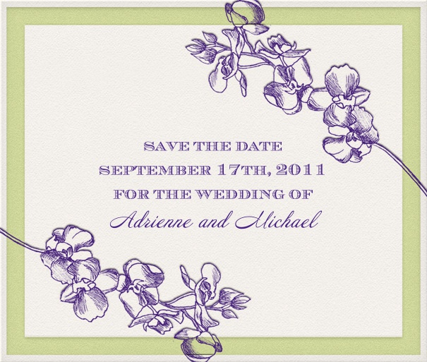 Save the Date Card with green border and purple flowers.