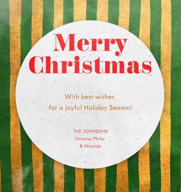 Online Weihnachtskarte mit goldenen-grünen Streifen.