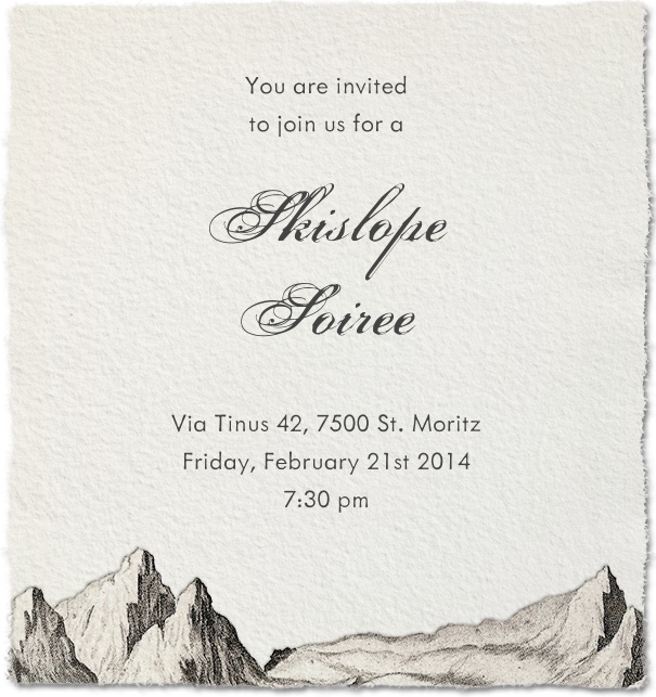 Winter Themed Online invitation with mountain motif and paper theme.