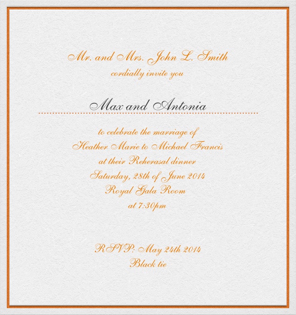 Rectangular, white, classic Wedding invitation Card with red text and space for recipient names.