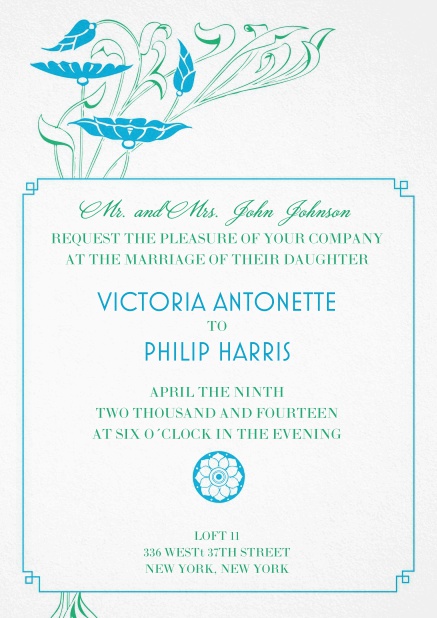 Wedding invitation card with blue flower decoration.