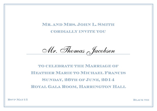 Online Classic invitation card with thin double frame and classic font - available in different colors. Blue.