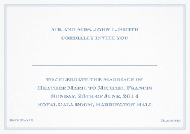 Classic invitation card with thin double frame and classic font - available in different colors. Blue.