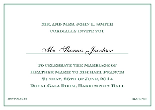 Online Classic invitation card with thin double frame and classic font - available in different colors. Green.