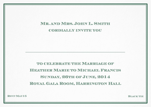 Classic invitation card with thin double frame and classic font - available in different colors. Green.