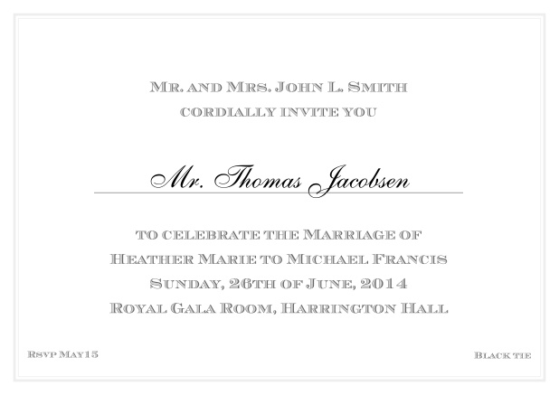 Online Classic invitation card with thin double frame and classic font - available in different colors. Grey.