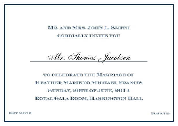 Online Classic invitation card with thin double frame and classic font - available in different colors. Navy.